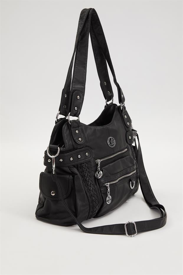 Siyah Çok Bölmeli Örgü Detay Omuz Çantası