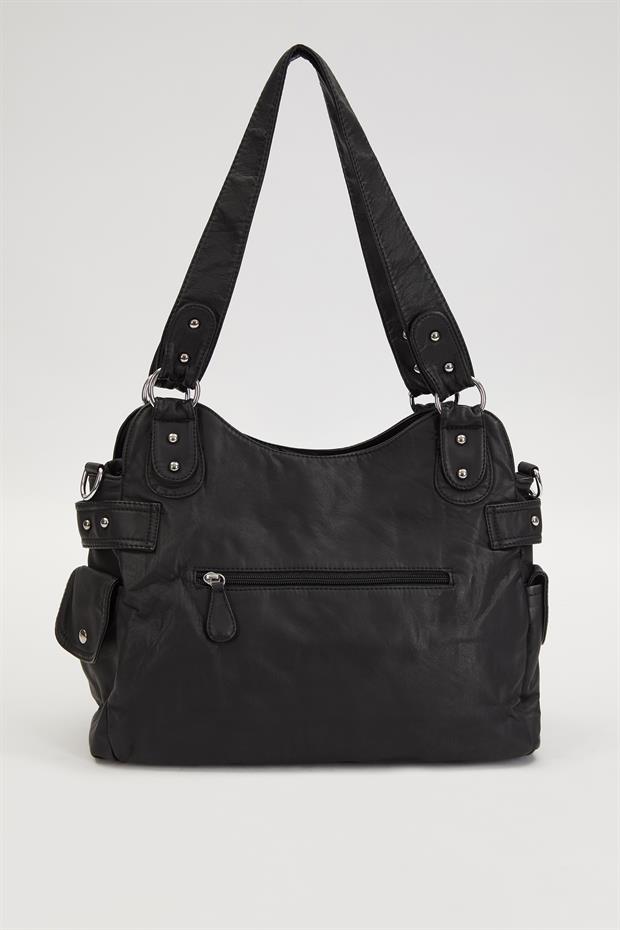 Siyah Çok Bölmeli Örgü Detay Omuz Çantası