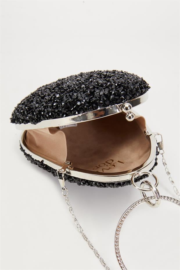 Siyah Oval Taşlı Abiye El Çantası