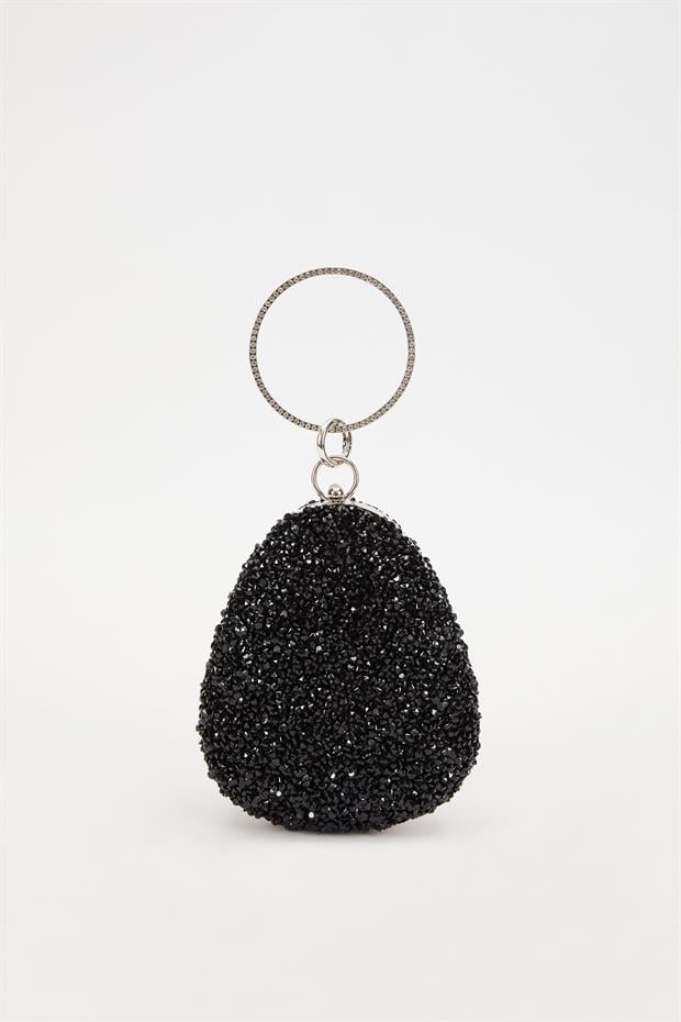 Siyah Oval Taşlı Abiye El Çantası