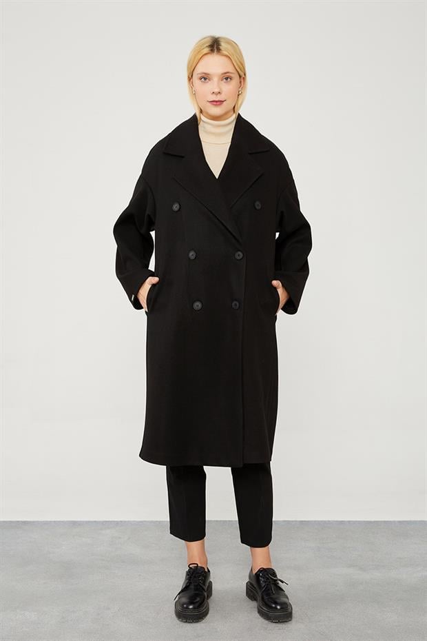 Siyah Oversize Astarsız Kaşe Kaban