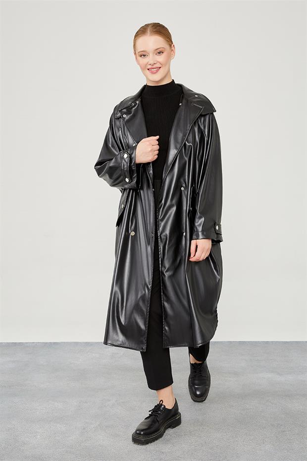Siyah Oversize Suni Deri Trençkot