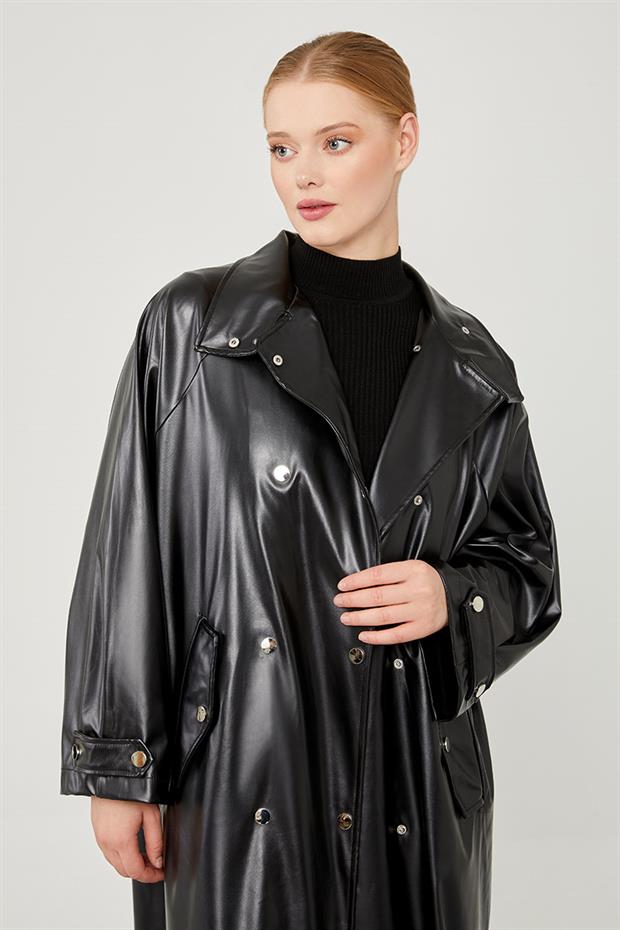 Siyah Oversize Suni Deri Trençkot