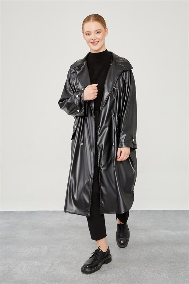 Siyah Oversize Suni Deri Trençkot