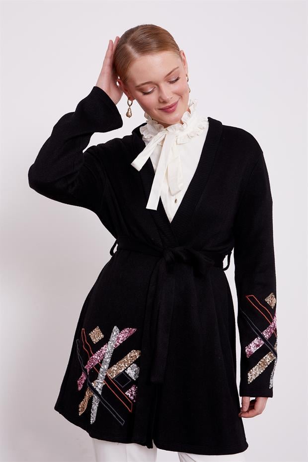 Siyah Payet İşlemeli Kaşmir Hırka
