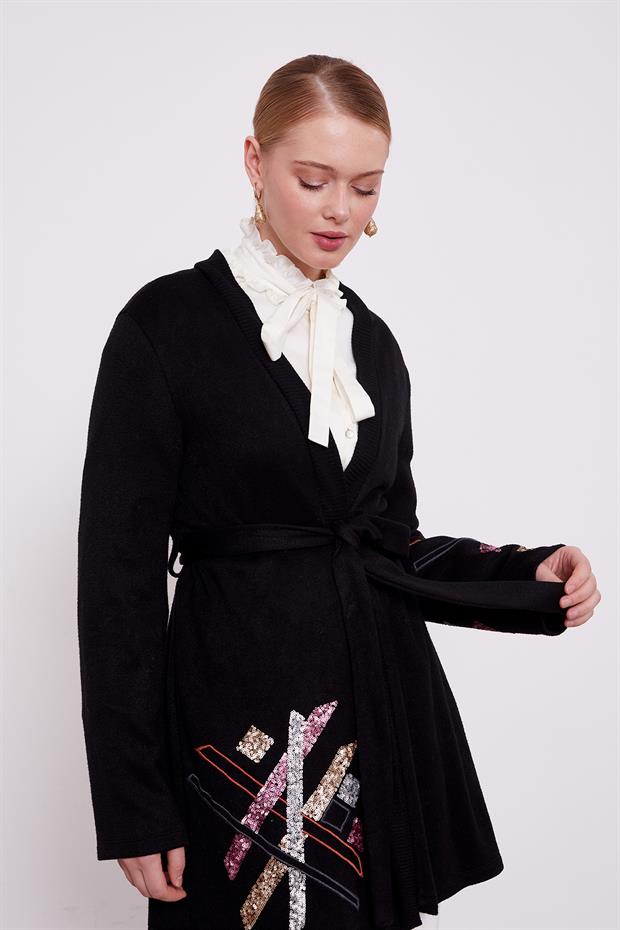 Siyah Payet İşlemeli Kaşmir Hırka