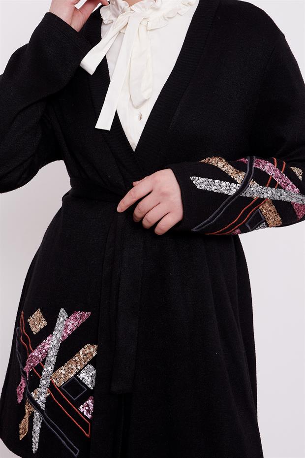 Siyah Payet İşlemeli Kaşmir Hırka