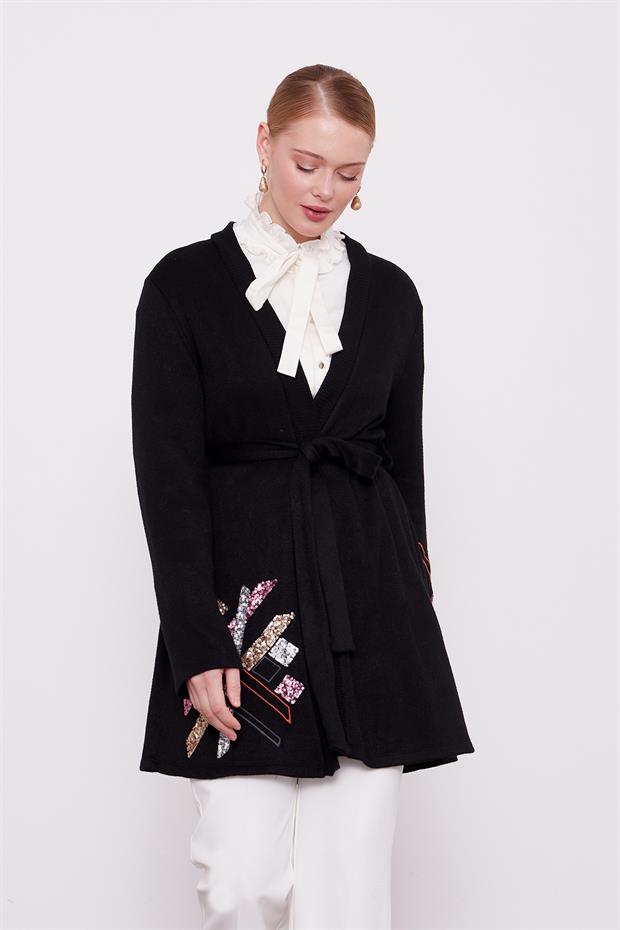 Siyah Payet İşlemeli Kaşmir Hırka