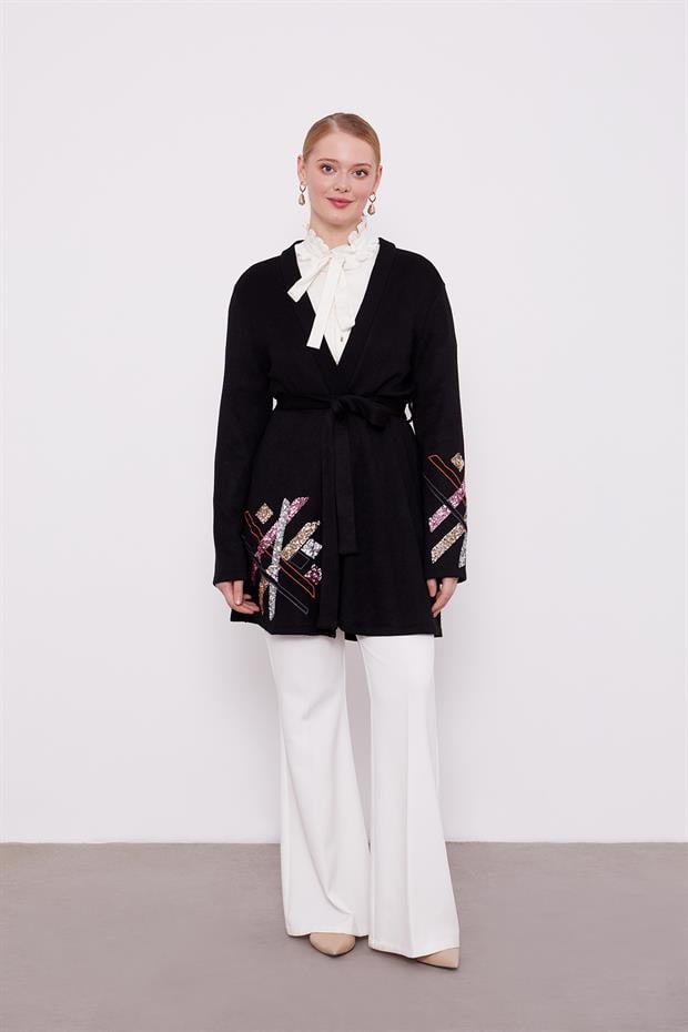 Siyah Payet İşlemeli Kaşmir Hırka