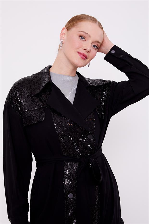 Siyah Payet İşlemeli Kuşak Bağlamalı Ceket Takım