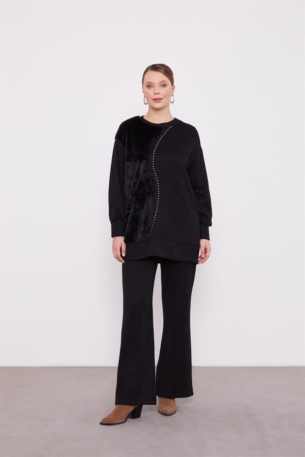 Siyah Peluş Detaylı Kaşmir İkili Takım