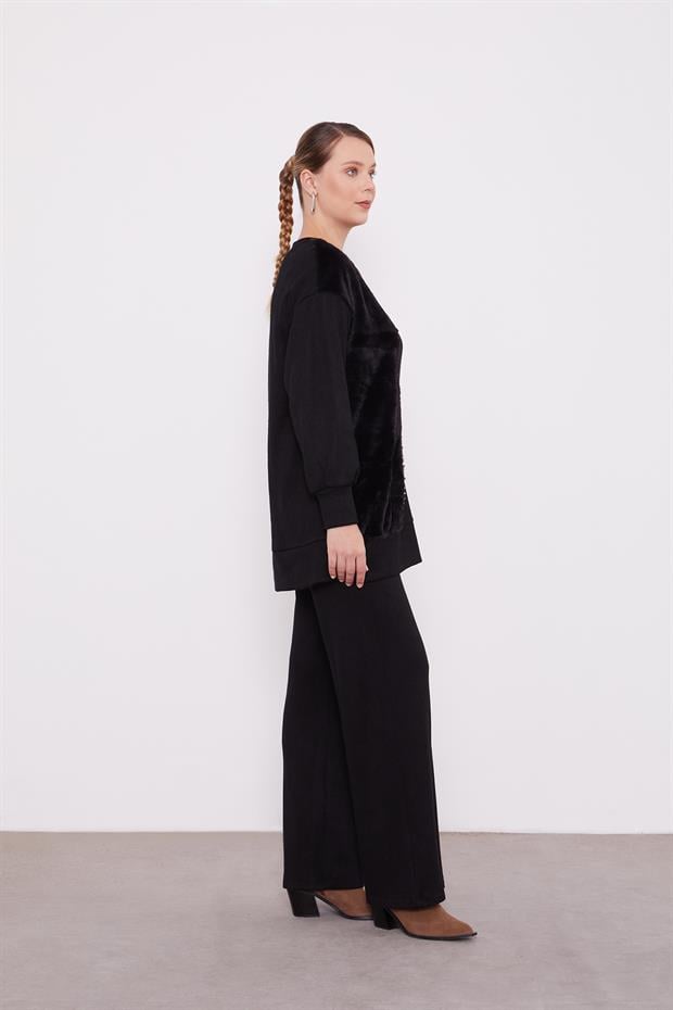 Siyah Peluş Detaylı Kaşmir İkili Takım