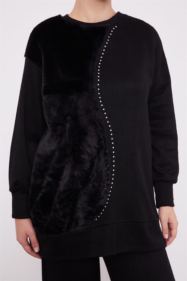 Siyah Peluş Detaylı Kaşmir İkili Takım