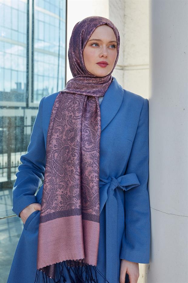 Siyah - Pembe Püsküllü Etnik Kaşmir İpek Şal