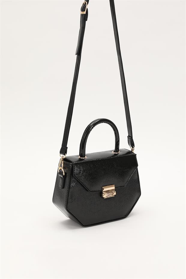 Siyah - Rugan Geometrik Tasarım El Çantası