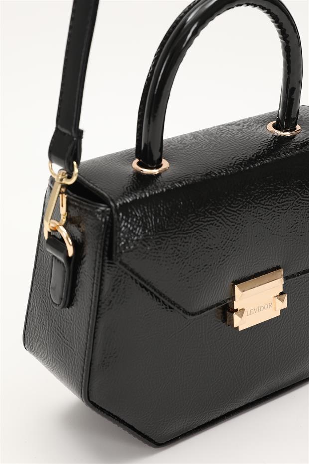 Siyah - Rugan Geometrik Tasarım El Çantası