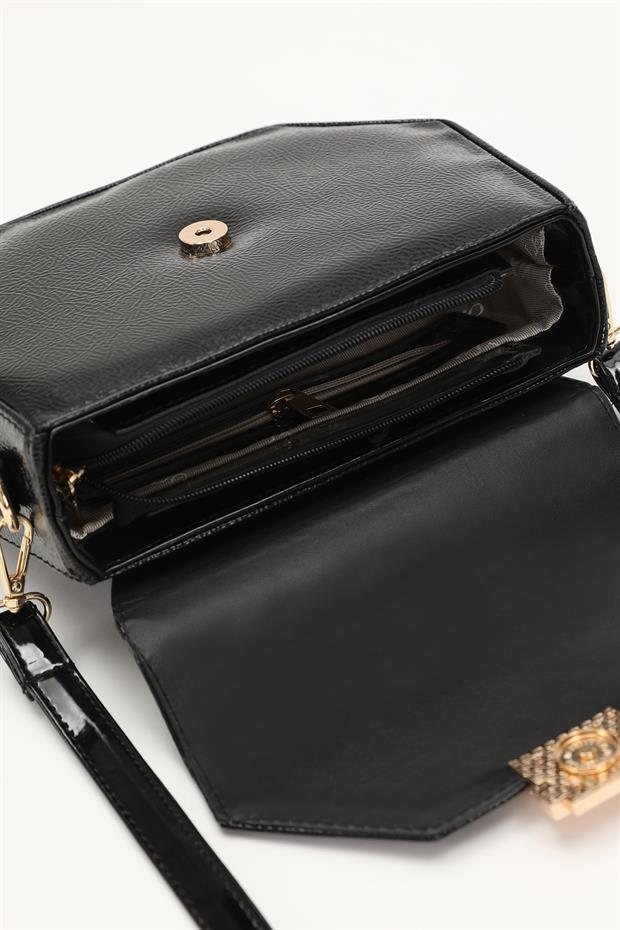 Siyah - Rugan Geometrik Tasarım El Çantası