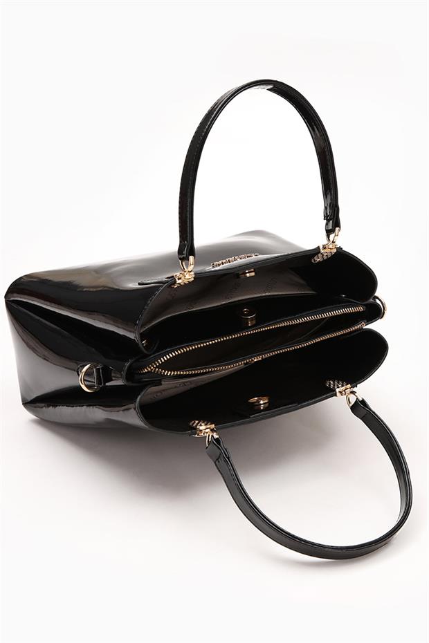 Siyah - Rugan Üç Bölmeli El Çantası