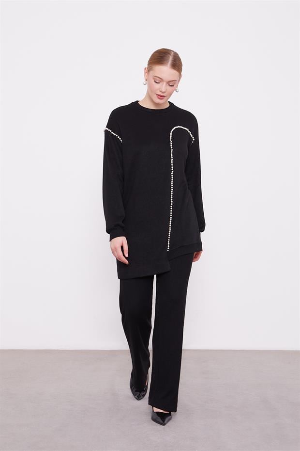 Siyah Şerit İncili Kaşmir İkili Takım