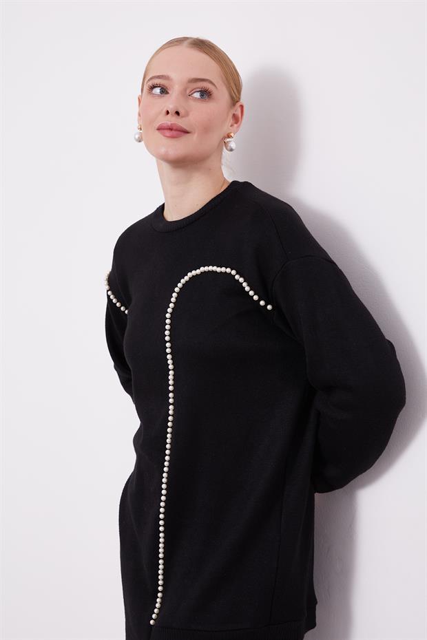 Siyah Şerit İncili Kaşmir İkili Takım