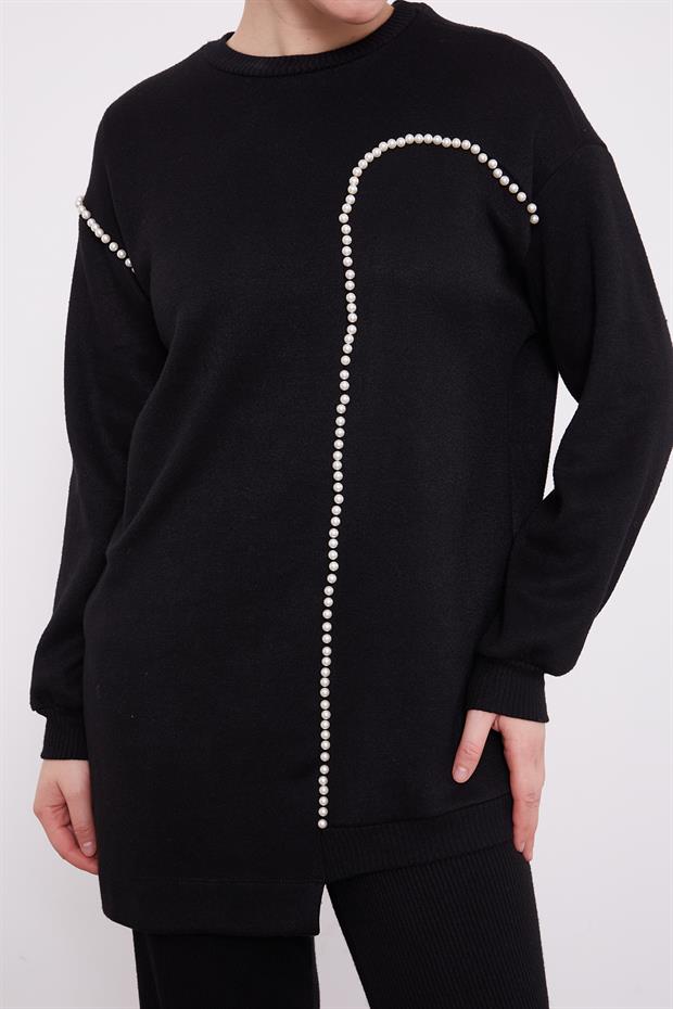 Siyah Şerit İncili Kaşmir İkili Takım