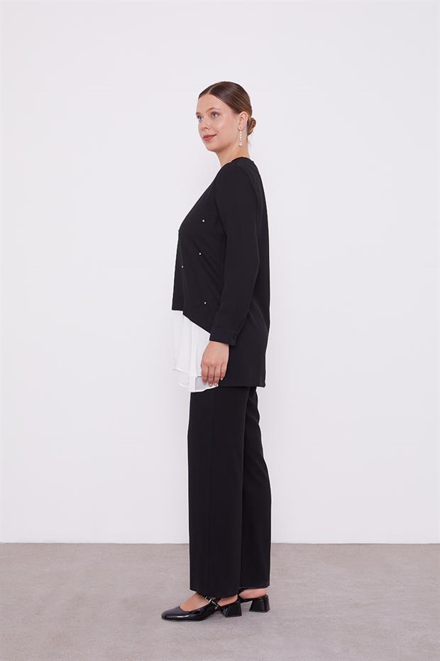 Siyah Şifon Detaylı Tunik Takım