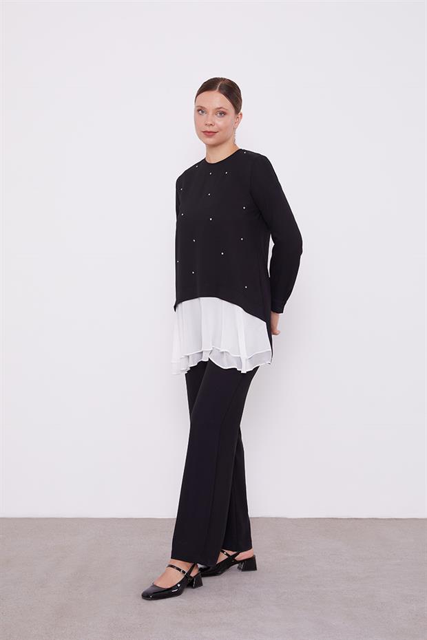 Siyah Şifon Detaylı Tunik Takım