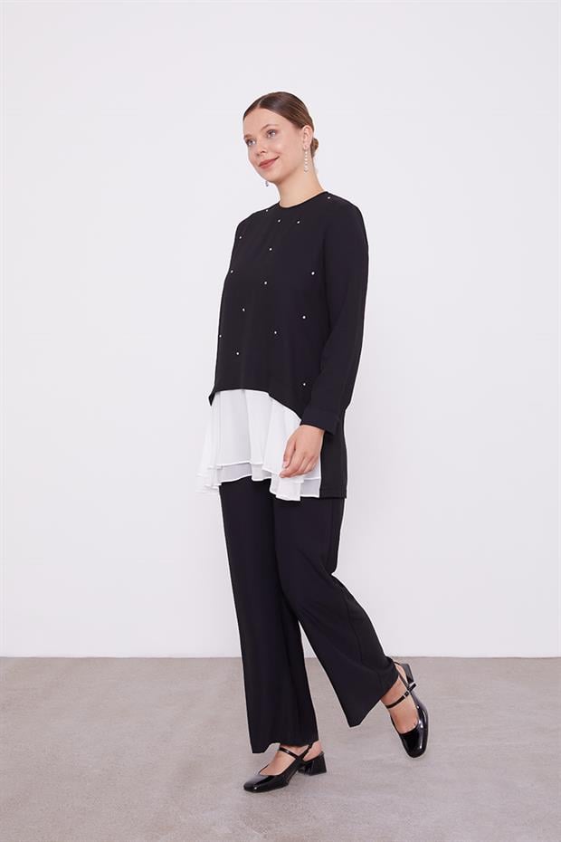 Siyah Şifon Detaylı Tunik Takım
