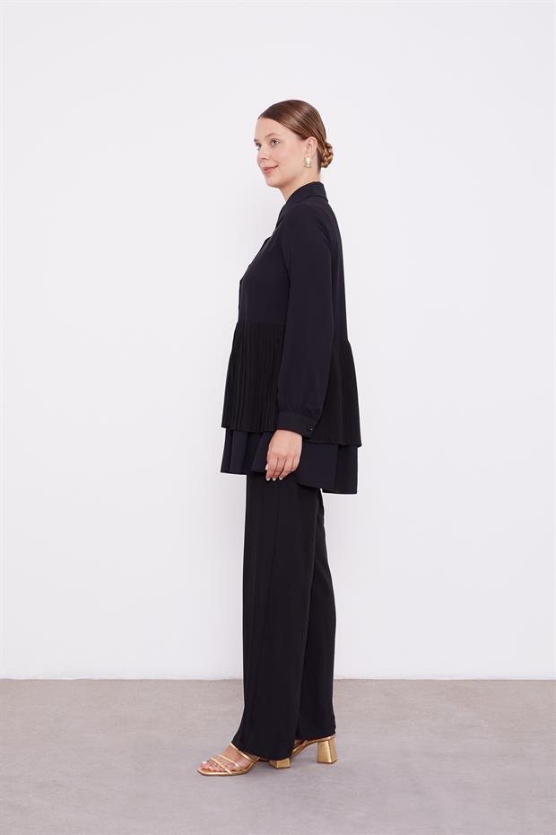 Siyah Şifon Pileli Gömlek İkili Takım