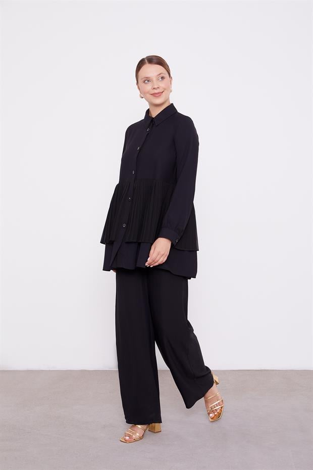 Siyah Şifon Pileli Gömlek İkili Takım