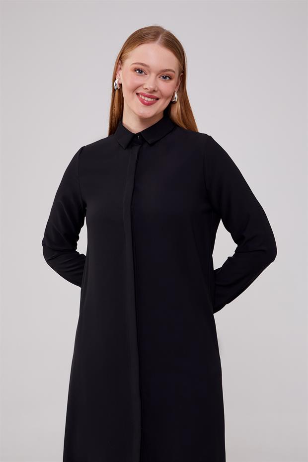 Siyah Gizli Düğme Detaylı Tunik