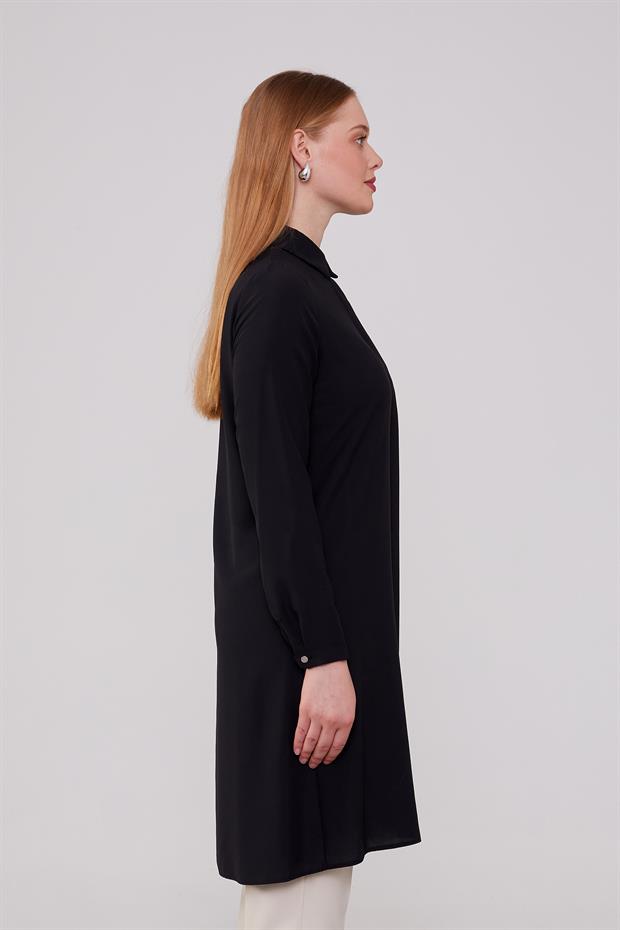 Siyah Gizli Düğme Detaylı Tunik