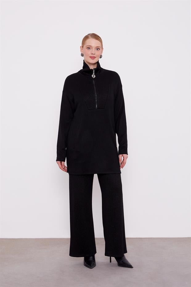 Siyah Sim Detaylı Kaşmir İkili Takım