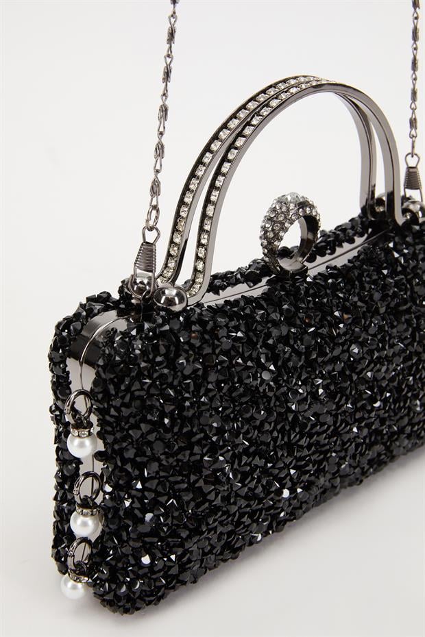 Siyah Taş İşleme Saplı Abiye El Çantası