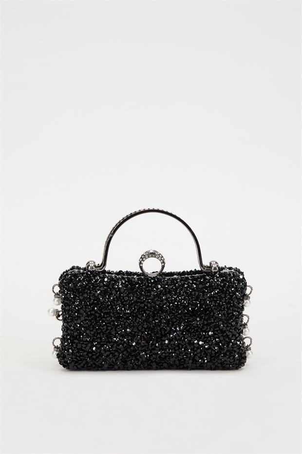 Siyah Taş İşleme Saplı Abiye El Çantası