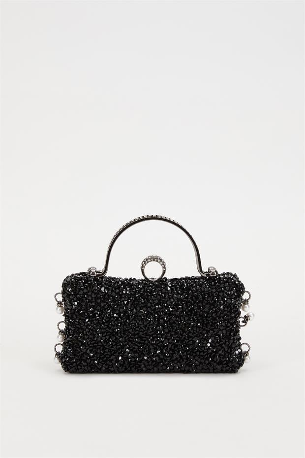 Siyah Taş İşleme Saplı Abiye El Çantası