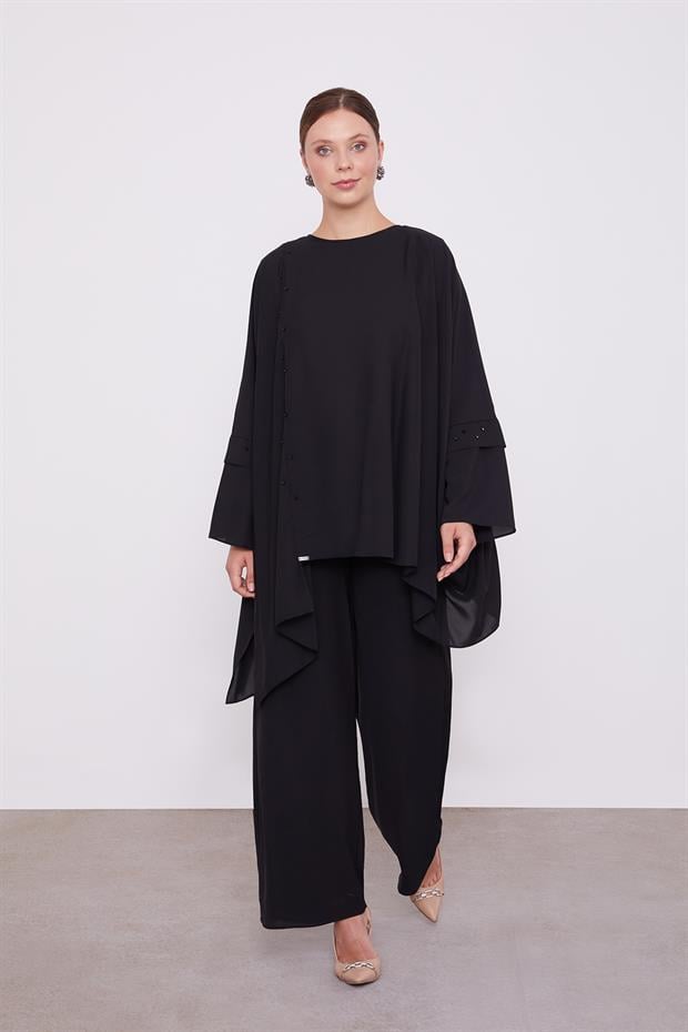 Siyah Taş İşlemeli Tunik Takım