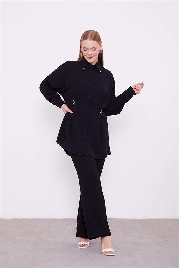 Siyah Taşlı Krepe Detaylı Tunik Takım