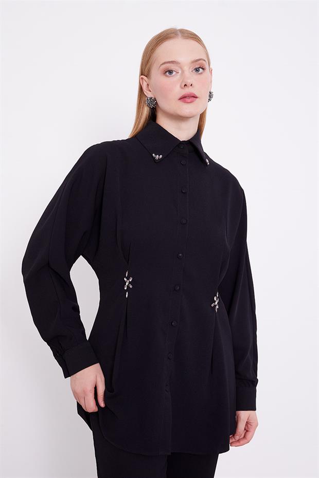 Siyah Taşlı Krepe Detaylı Tunik Takım