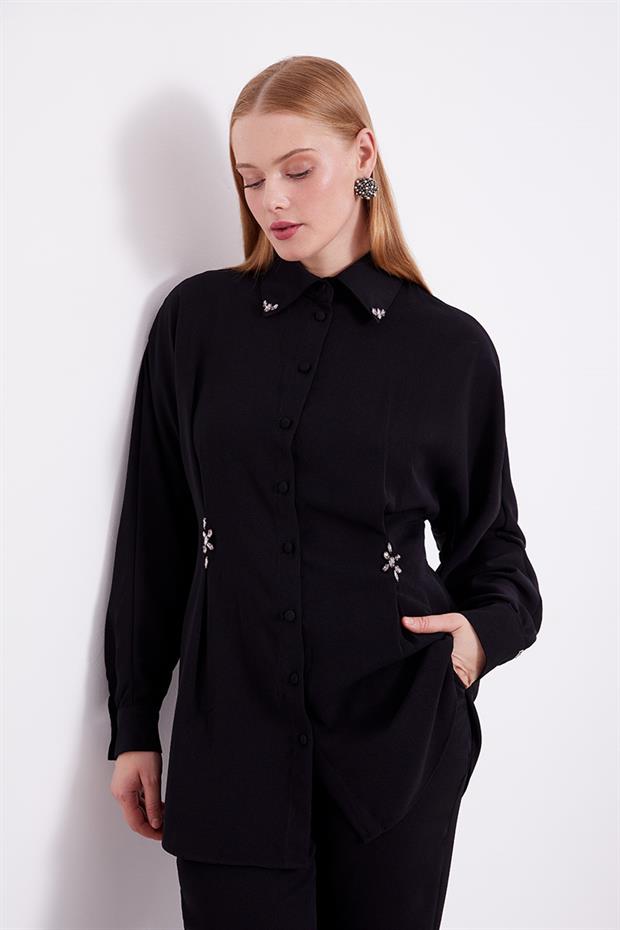 Siyah Taşlı Krepe Detaylı Tunik Takım