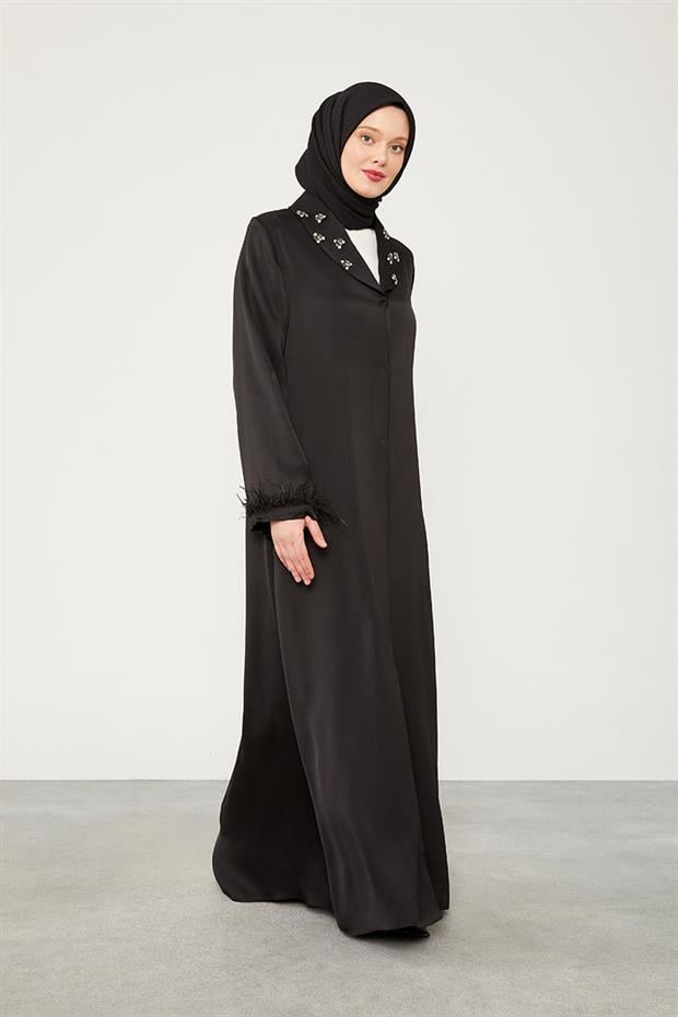 Siyah Tüy Detaylı Taş işlemeli Ferace