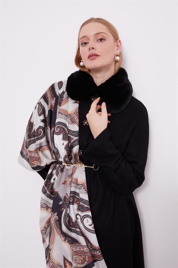 Siyah Yakası Kürklü Kaşmir Hırka