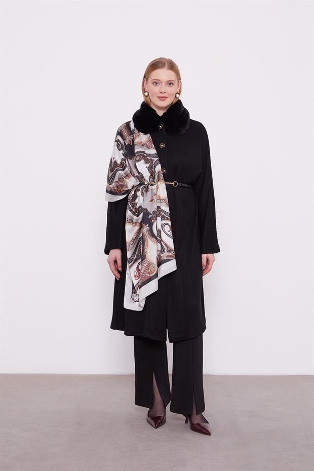 Siyah Yakası Kürklü Kaşmir Hırka