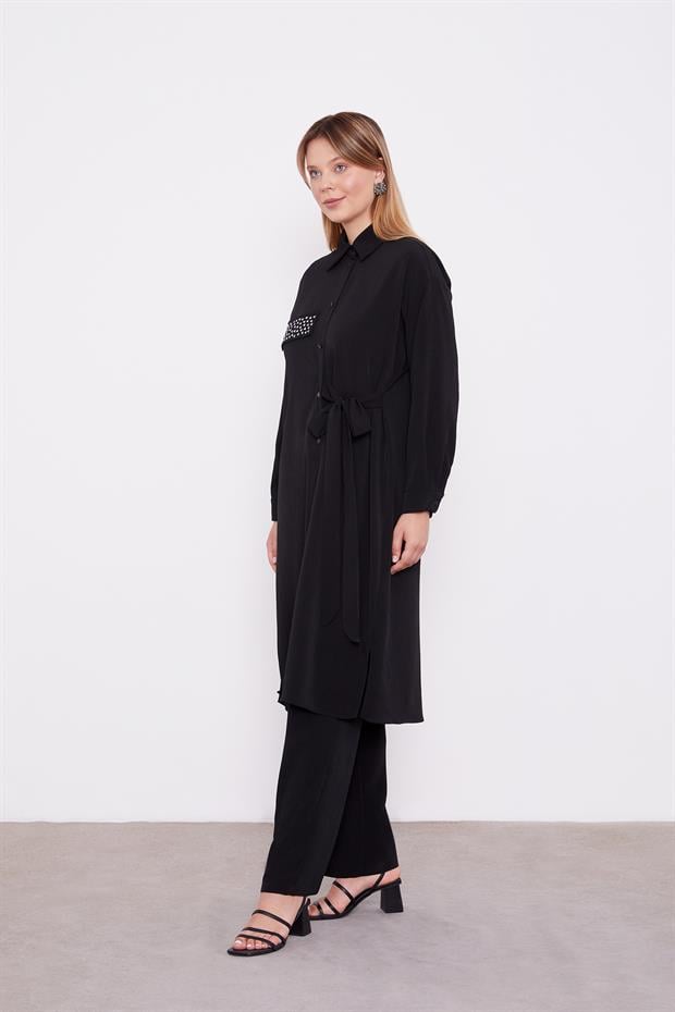 Siyah Yandan Bağlamalı Pliseli İkili Takım