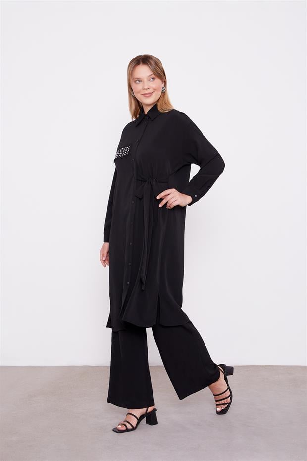 Siyah Yandan Bağlamalı Pliseli İkili Takım