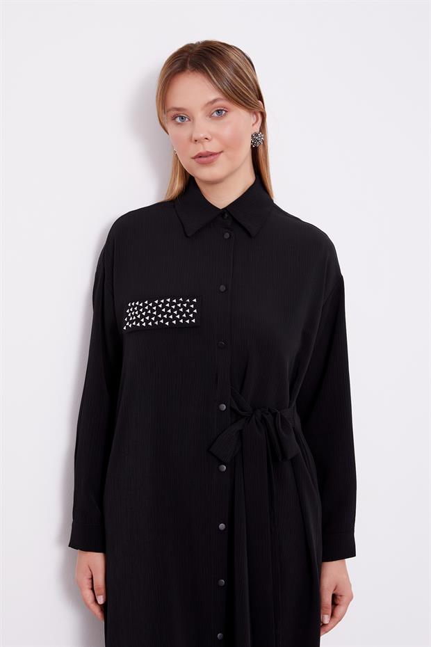 Siyah Yandan Bağlamalı Pliseli İkili Takım