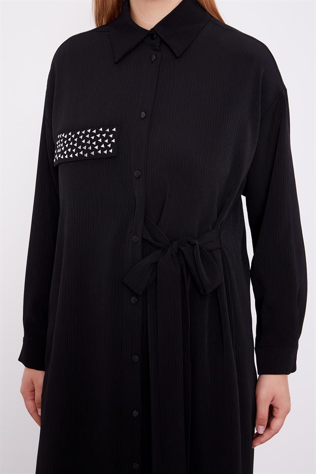 Siyah Yandan Bağlamalı Pliseli İkili Takım