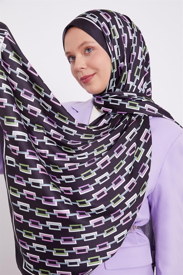 Siyah - Yeşil Kare Zincir Desen Angel Şal