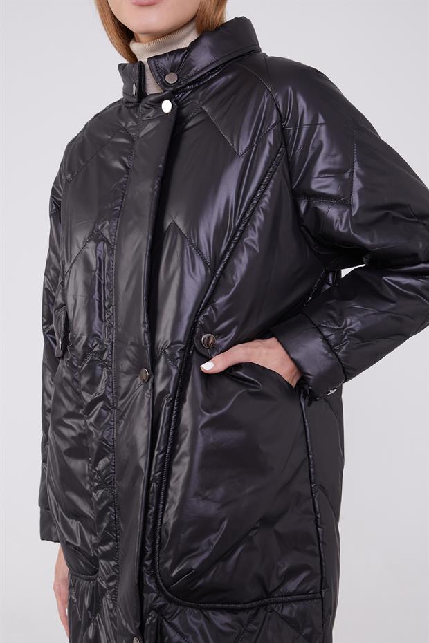 Siyah Cep Detaylı Şişme Mont