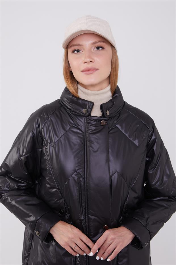 Siyah Cep Detaylı Şişme Mont